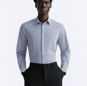 Zara Long Sleeve Striped Slim Fit Shirt - XL Blue &‎ White, Stretch Fabric